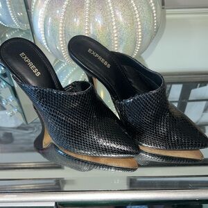 Black Express faux snake print embossed sexy mule heels